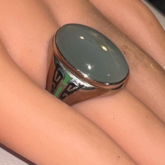 ANTIQUE 10K WHITE GOLD "UNISEX" RING w/NATURAL GREEN MOONSTONE&ENAMELS, ART DECO - Picture 8 of 12